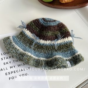 Hand-Crocheted Mohair Yarn Bow Striped Fisherman's Bucket Hat for Women - Retro Sweet Knitted Trendy Accessory