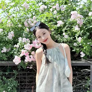 Hand-Drawn Plant Print Casual Round Neck Strap Dress for Women - Versatile and Trendy Spring/Summer Fashion