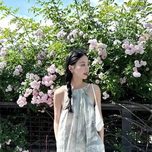 Hand-Drawn Plant Print Casual Round Neck Strap Dress for Women - Versatile and Trendy Spring/Summer Fashion