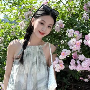 Hand-Drawn Plant Print Casual Round Neck Strap Dress for Women - Versatile and Trendy Spring/Summer Fashion