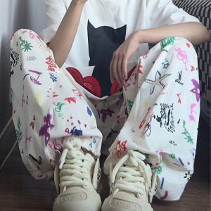 Hand-Painted Graffiti Cartoon Pocket Wide-Leg Work Pants for Men and Women - Summer Retro Casual Style