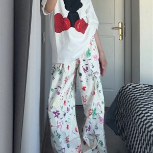 Hand-Painted Graffiti Cartoon Pocket Wide-Leg Work Pants for Men and Women - Summer Retro Casual Style