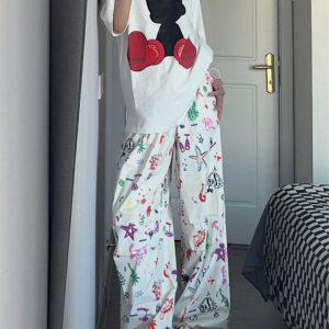 Hand-Painted Graffiti Cartoon Pocket Wide-Leg Work Pants for Men and Women - Summer Retro Casual Style