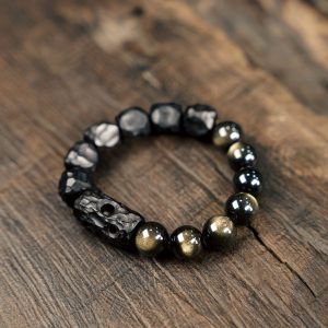 Handmade Black Ebony and Gold Obsidian Bracelet for Women and Men, Retro Trendy Jewelry, Unique Characteristic Design