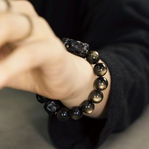 Handmade Black Ebony and Gold Obsidian Bracelet for Women and Men, Retro Trendy Jewelry, Unique Characteristic Design