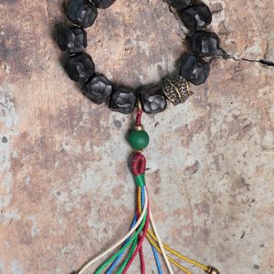 Handmade Black Sandalwood Bracelet for Men with Colorful Tassels and Unique Primitive Texture, Boho Style Accessory