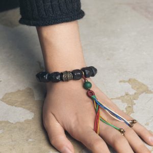 Handmade Black Sandalwood Bracelet for Men with Colorful Tassels and Unique Primitive Texture, Boho Style Accessory