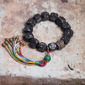 Handmade Black Sandalwood Bracelet for Men with Colorful Tassels and Unique Primitive Texture, Boho Style Accessory