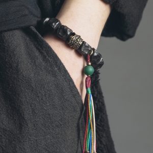 Handmade Black Sandalwood Bracelet for Men with Colorful Tassels and Unique Primitive Texture, Boho Style Accessory