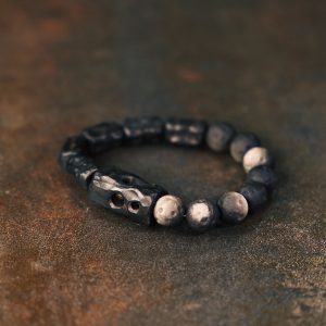 Handmade Carved Wooden and Silver Obsidian Bracelet for Women and Men, Vintage Matte Texture, Personalized Gift, Unique Jewelry