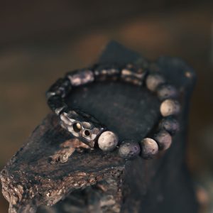 Handmade Carved Wooden and Silver Obsidian Bracelet for Women and Men, Vintage Matte Texture, Personalized Gift, Unique Jewelry