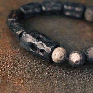 Handmade Carved Wooden and Silver Obsidian Bracelet for Women and Men, Vintage Matte Texture, Personalized Gift, Unique Jewelry