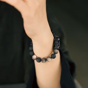 Handmade Carved Wooden and Silver Obsidian Bracelet for Women and Men, Vintage Matte Texture, Personalized Gift, Unique Jewelry