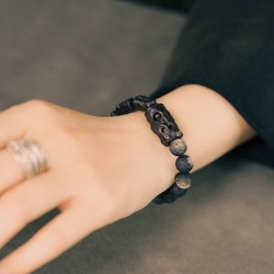 Handmade Carved Wooden and Silver Obsidian Bracelet for Women and Men, Vintage Matte Texture, Personalized Gift, Unique Jewelry