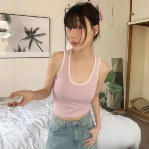Handmade Color-Blocking Striped Minimalist Vest - Korean Style Fashion Top for a Trendy Y2K Look