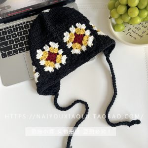 Handmade Crochet Floral Beanie for Women - Trendy Forest-Style Knitted Ear-Warming Hat with Braided Yarn Design