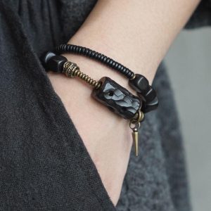 Handmade Ethnic Style Black Sandalwood Bracelet for Men - Versatile Hollow Square Wristband Accessories for Unique Personality