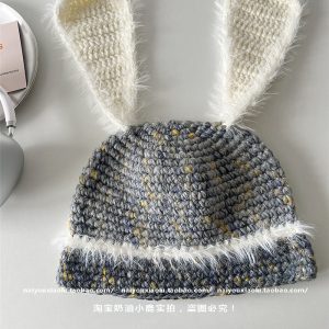 Handmade Knitted Long-Eared Rabbit Plush Hat for Women - Cute Yarn Bucket Hat for Autumn Winter Ear Protection