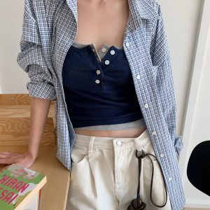 Handmade Korean Style Single-Row Check Long Sleeve Collar Shirt for Women - Trendy Fashion Top