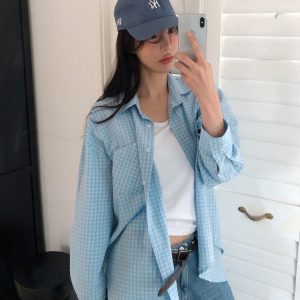Handmade Korean Style Single-Row Check Long Sleeve Collar Shirt for Women - Trendy Fashion Top