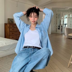 Handmade Korean Style Single-Row Check Long Sleeve Collar Shirt for Women - Trendy Fashion Top