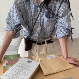 Handmade Korean Style Single-Row Check Long Sleeve Collar Shirt for Women - Trendy Fashion Top