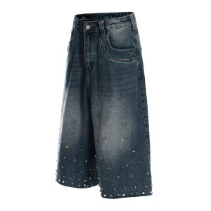 Handmade Pearl Sewn Loose Denim Shorts for Women - 2025 Summer Creative Design 3/4 Pants in Trendy Casual Style