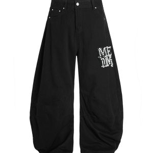 Handmade Pearl Wide-Leg Machete Pants for Men, Casual American Style, Curved Blade Design, Trendy Streetwear Fashion