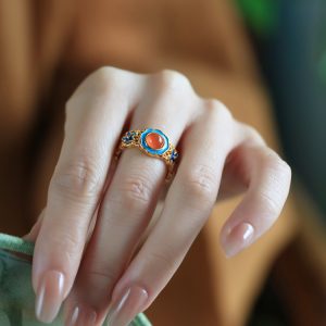Handmade Pure Silver Ancient Method Gold Water 南红 Agate Open Ring, Retro Palace Style Women's Jewelry