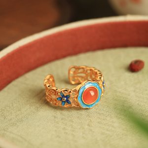 Handmade Pure Silver Ancient Method Gold Water 南红 Agate Open Ring, Retro Palace Style Women's Jewelry