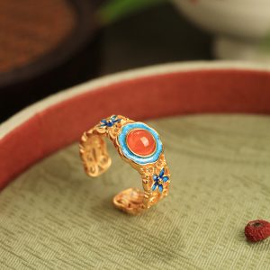 Handmade Pure Silver Ancient Method Gold Water 南红 Agate Open Ring, Retro Palace Style Women's Jewelry