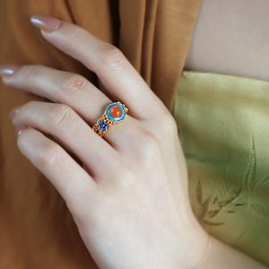 Handmade Pure Silver Ancient Method Gold Water 南红 Agate Open Ring, Retro Palace Style Women's Jewelry