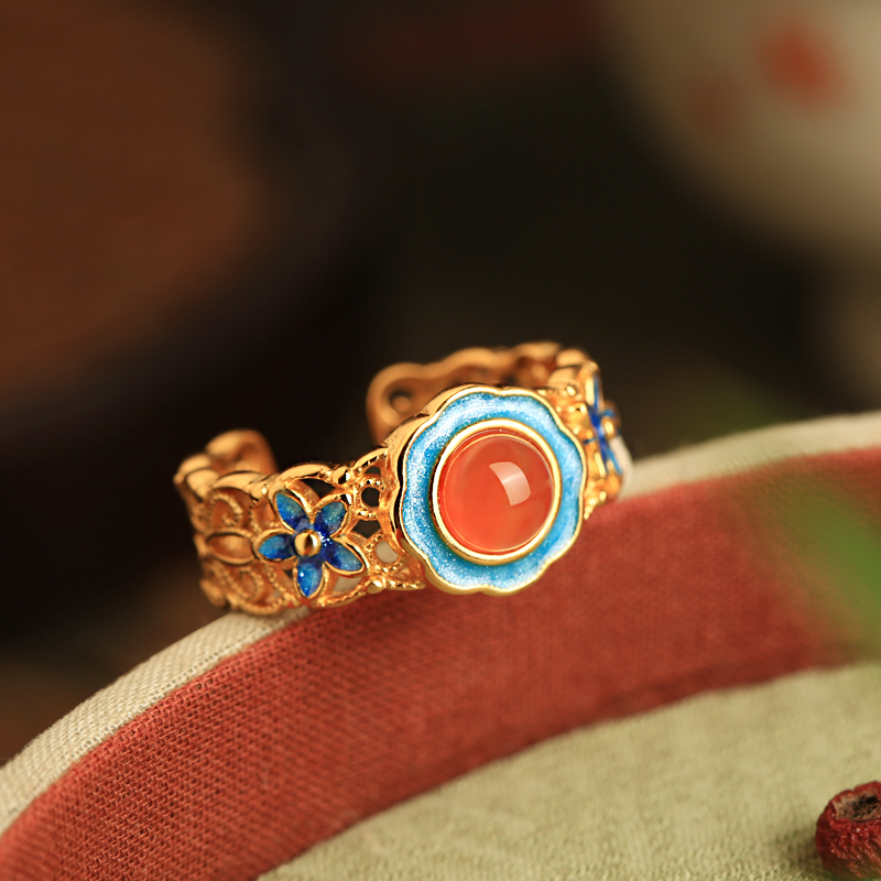 Handmade Pure Silver Ancient Method Gold Water 南红 Agate Open Ring, Retro Palace Style Women's Jewelry