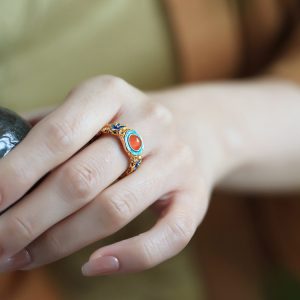 Handmade Pure Silver Ancient Method Gold Water 南红 Agate Open Ring, Retro Palace Style Women's Jewelry