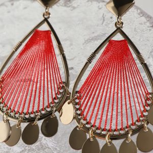 Handmade Red String Stud Earrings for Women, Korean Gold Hollow Drop Design, Elegant Ear Accessories