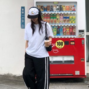 Handmade Retro Lace Side Stripe Casual Pants - Korean Style Straight Fit Trousers for a Chic 90s Look