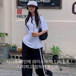 Handmade Retro Lace Side Stripe Casual Pants - Korean Style Straight Fit Trousers for a Chic 90s Look