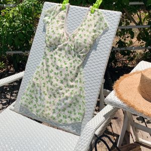 Handmade Seeubaby Fresh Green Bow One-Piece Swimsuit - Korean Style, Cute Summer Swimwear, Trendy Beachwear for Women