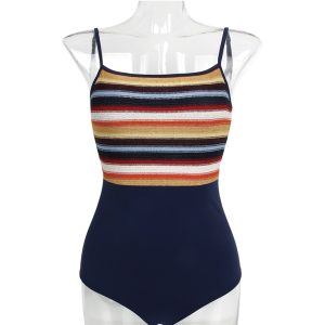 Handmade Seeubaby Korean Style Playful Bright Striped One-Piece Swimsuit for Women - Eye-Catching Summer Swimwear