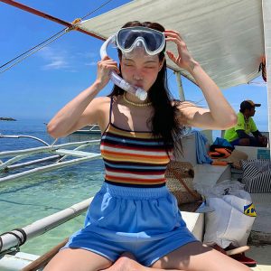 Handmade Seeubaby Korean Style Playful Bright Striped One-Piece Swimsuit for Women - Eye-Catching Summer Swimwear