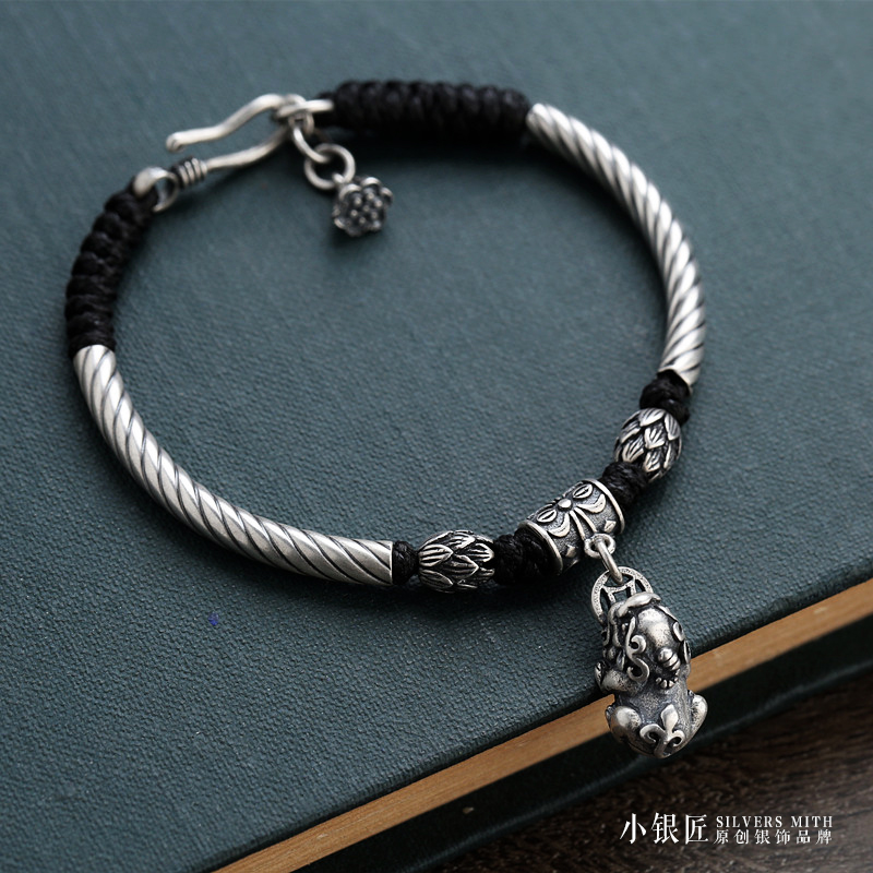 Handmade Silver Woven Bracelet with Pixiu Lucky Elephant Design, Pure Silver Wax Rope Jewelry for Men and Women