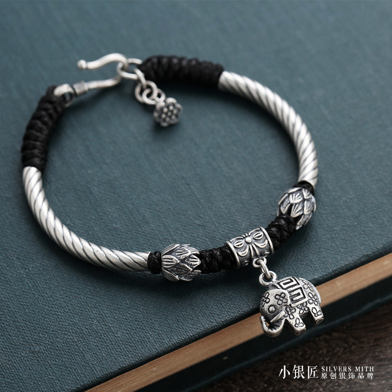 Handmade Silver Woven Bracelet with Pixiu Lucky Elephant Design, Pure Silver Wax Rope Jewelry for Men and Women