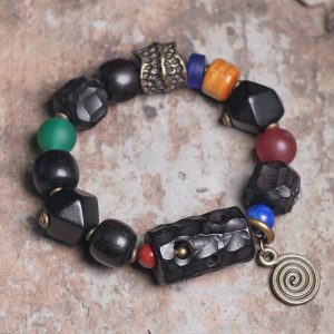Handmade Textured Ebony Wood Bracelet for Men and Women, Vintage Ethnic Style Beaded Wrist Accessory, Unique Fashion Jewelry
