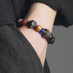 Handmade Textured Ebony Wood Bracelet for Men and Women, Vintage Ethnic Style Beaded Wrist Accessory, Unique Fashion Jewelry