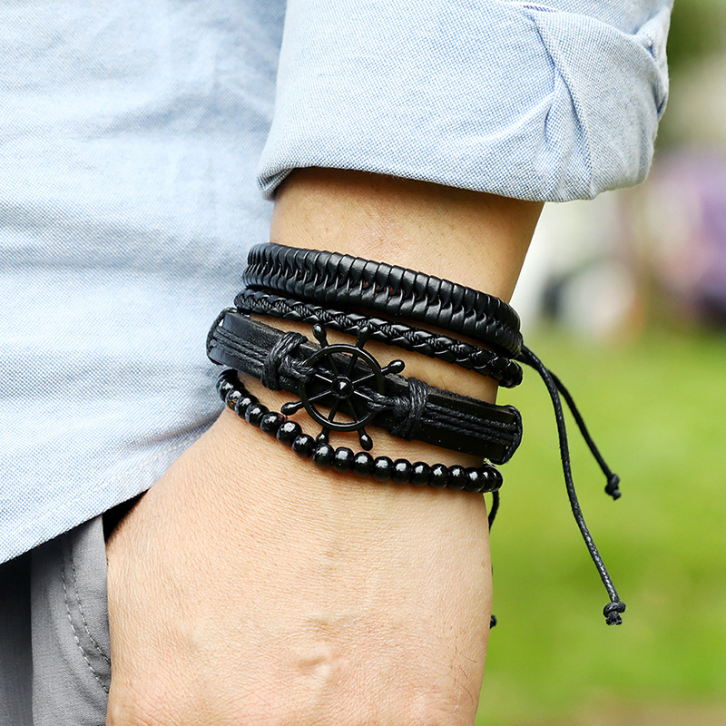 Handmade Vintage Woven Black Leather Steering Wheel Bracelet Set - DIY Creative Four-Piece Accessory for European and American Style