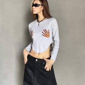Heatstroke American-Style Slim Fit Crop Long Sleeve T-Shirt with Fun Finger Print - Trendy Y2K Fashion Top