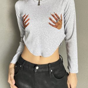 Heatstroke American-Style Slim Fit Crop Long Sleeve T-Shirt with Fun Finger Print - Trendy Y2K Fashion Top