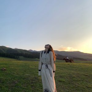 Heavy-Duty Embroidered Top and Skirt Set - Loose Fit, 80% Ramie, Vintage-Inspired, Elegant Dublin Mist Style