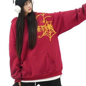 Heavy-Duty Spider Embroidery Winter Fleece Hoodie for Women - Trendy Couple Sweatshirt in National Style