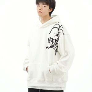 Heavy-Duty Spider Embroidery Winter Fleece Hoodie for Women - Trendy Couple Sweatshirt in National Style